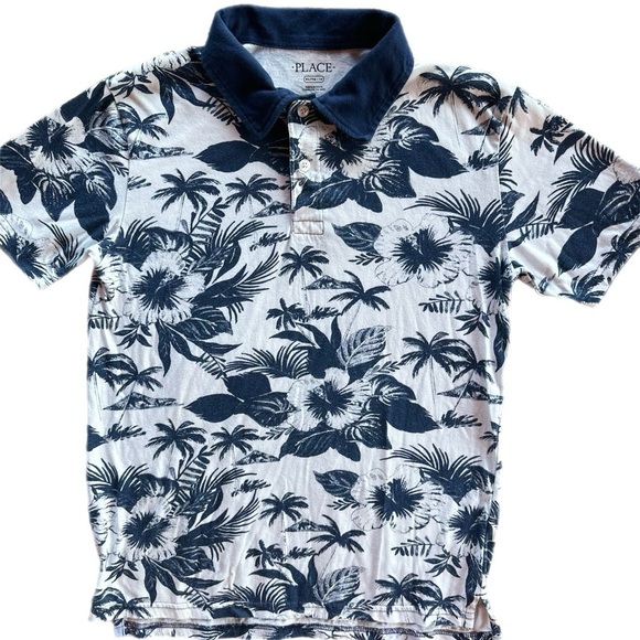 Children’s Place  Boys Navy Blue White Tropical Print Short Sleeve Polo Shirt XL - Picture 2 of 5